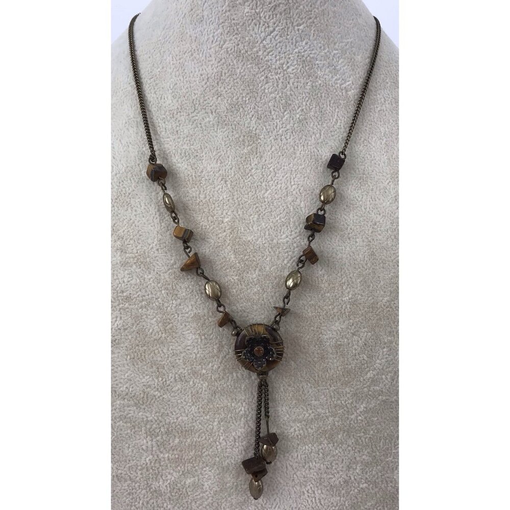 Vintage AVON Nina Ricci Brass Tiger's Eye Flower Pendant Necklace RARE